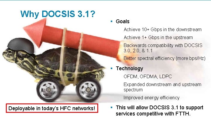 Why DOCSIS 3. 1? § Goals Achieve 10+ Gbps in the downstream Achieve 1+