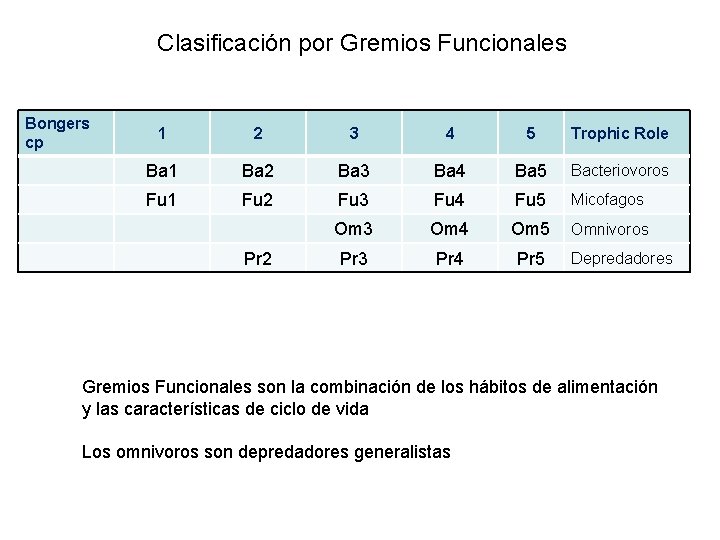 Clasificación por Gremios Funcionales Bongers cp 1 2 3 4 5 Trophic Role Ba