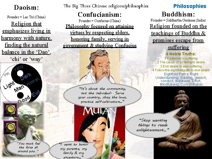 Daoism: Founder = Lao Tzi (China) Religion that emphasizes living in harmony with nature,