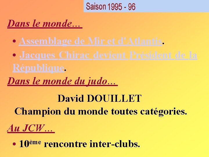 Dans le monde… • Assemblage de Mir et d'Atlantis. • Jacques Chirac devient Président Dans le monde… • Assemblage de Mir et d'Atlantis. • Jacques Chirac devient Président