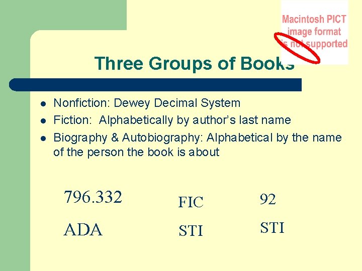 Three Groups of Books l l l Nonfiction: Dewey Decimal System Fiction: Alphabetically by