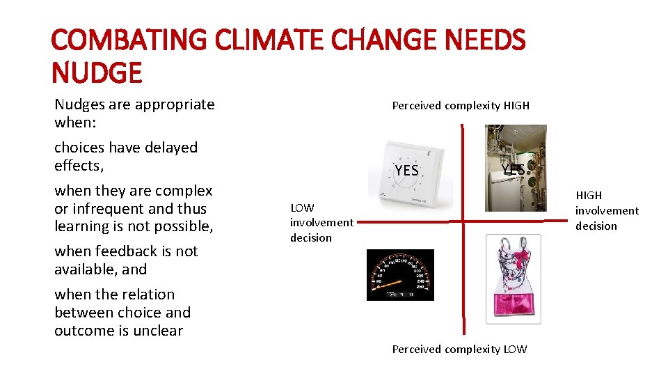 COMBATING CLIMATE CHANGE NEEDS NUDGE Nudges are appropriate when: choices have delayed effects, when