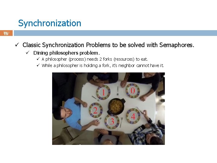 Synchronization 100 / 123 ü Classic Synchronization Problems to be solved with Semaphores. ü