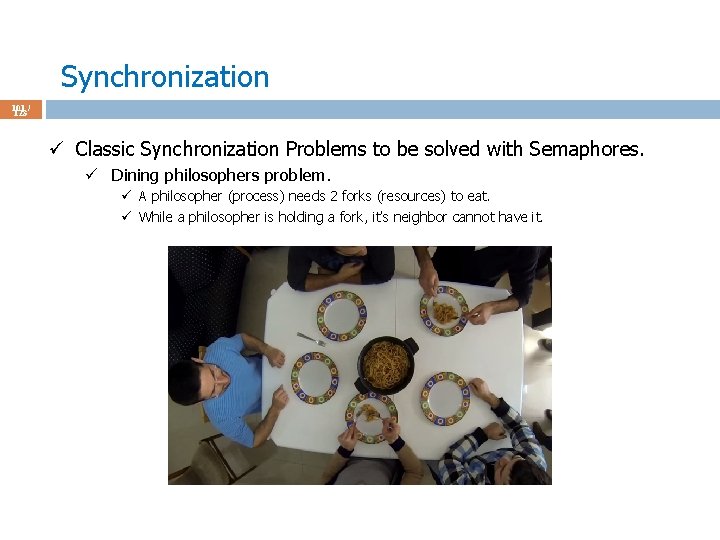 Synchronization 101 / 123 ü Classic Synchronization Problems to be solved with Semaphores. ü