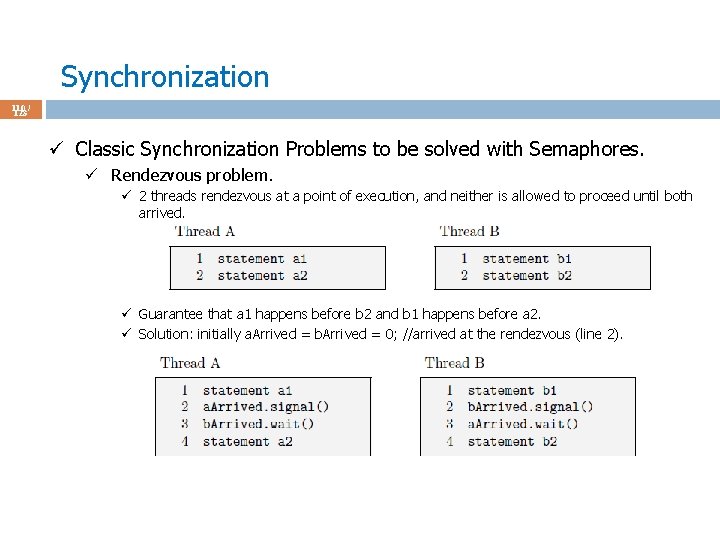 Synchronization 110 / 123 ü Classic Synchronization Problems to be solved with Semaphores. ü