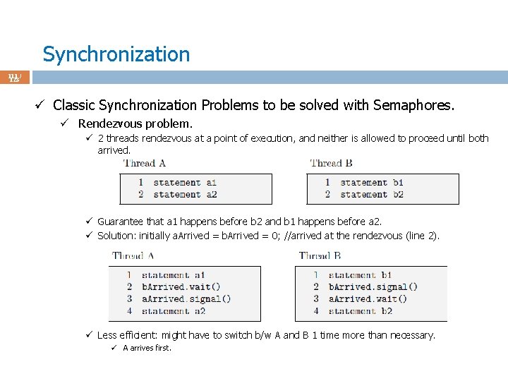 Synchronization 111 / 123 ü Classic Synchronization Problems to be solved with Semaphores. ü