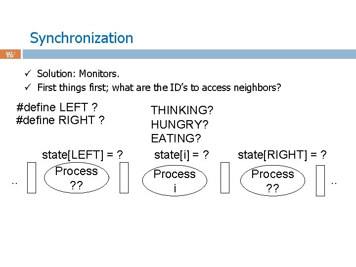 Synchronization 137 / 123 ü Solution: Monitors. ü First things first; what are the