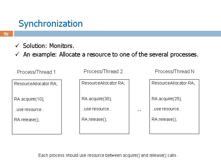 Synchronization 142 / 123 ü Solution: Monitors. ü An example: Allocate a resource to