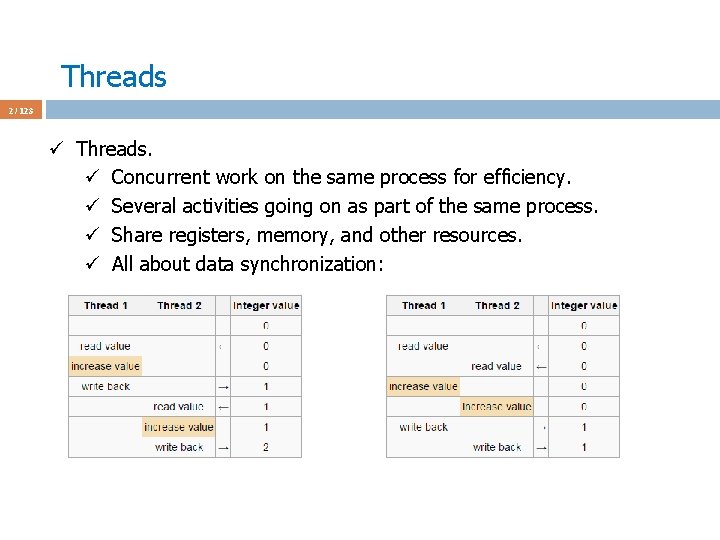 Threads 2 / 123 ü Threads. ü Concurrent work on the same process for