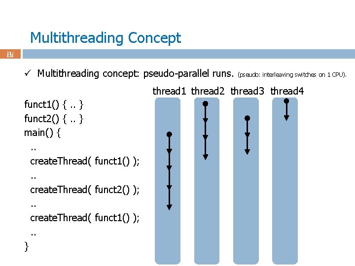 Multithreading Concept 21 / 123 ü Multithreading concept: pseudo-parallel runs. (pseudo: interleaving switches on