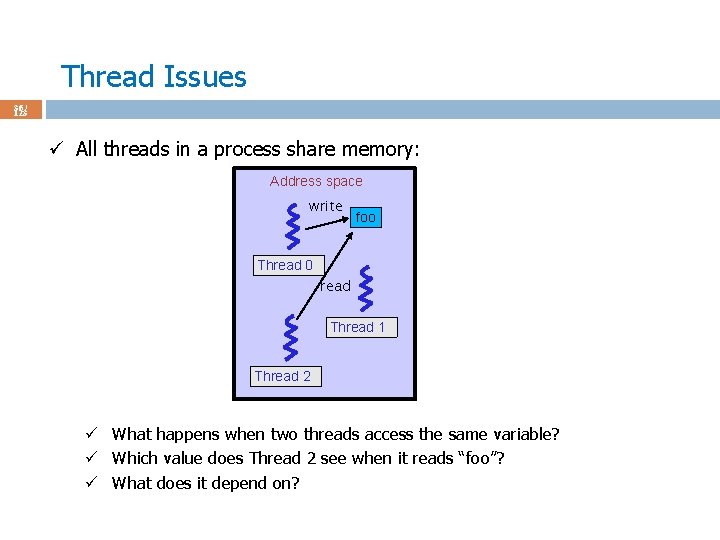 Thread Issues 36 / 123 ü All threads in a process share memory: Address