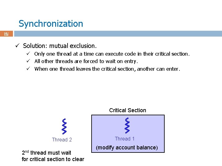 Synchronization 50 / 123 ü Solution: mutual exclusion. ü Only one thread at a