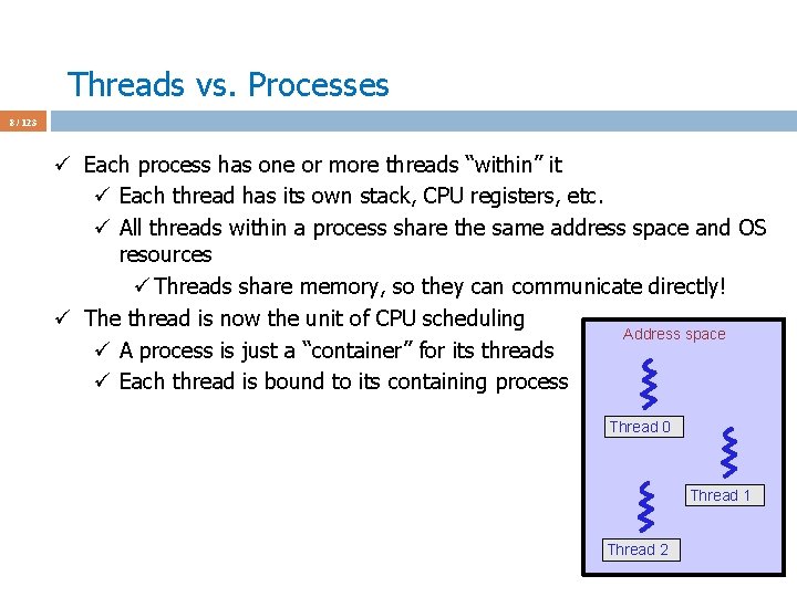 Threads vs. Processes 8 / 123 ü Each process has one or more threads