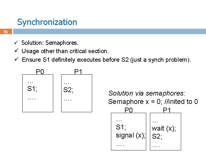 Synchronization 80 / 123 ü Solution: Semaphores. ü Usage other than critical section. ü