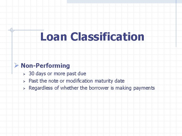  Loan Classification Ø Non-Performing Ø Ø Ø 30 days or more past due