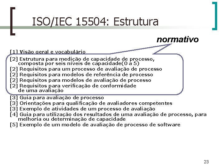 ISO/IEC 15504: Estrutura normativo [1] Visão geral e vocabulário [2] Estrutura para medição de