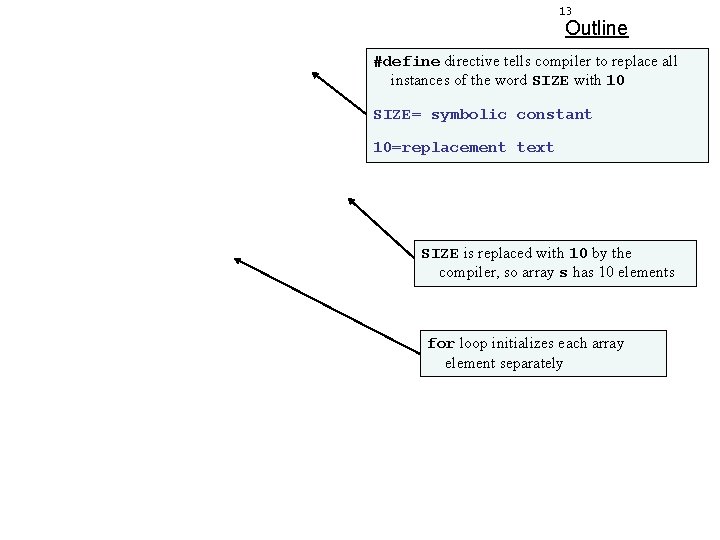 13 Outline #define directive tells compiler to replace all instances of the word SIZE