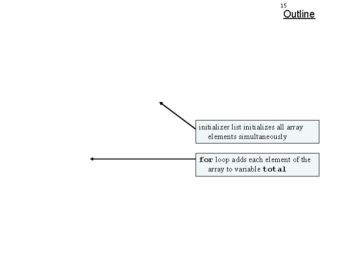 15 Outline initializer list initializes all array elements simultaneously for loop adds each element