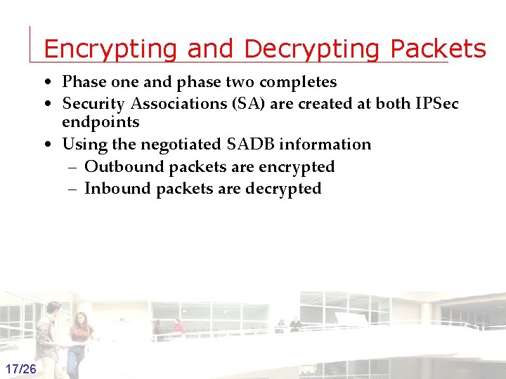 Encrypting and Decrypting Packets • Phase one and phase two completes • Security Associations