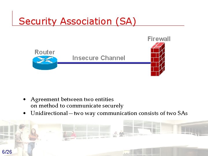 Security Association (SA) Firewall Router Insecure Channel • Agreement between two entities on method