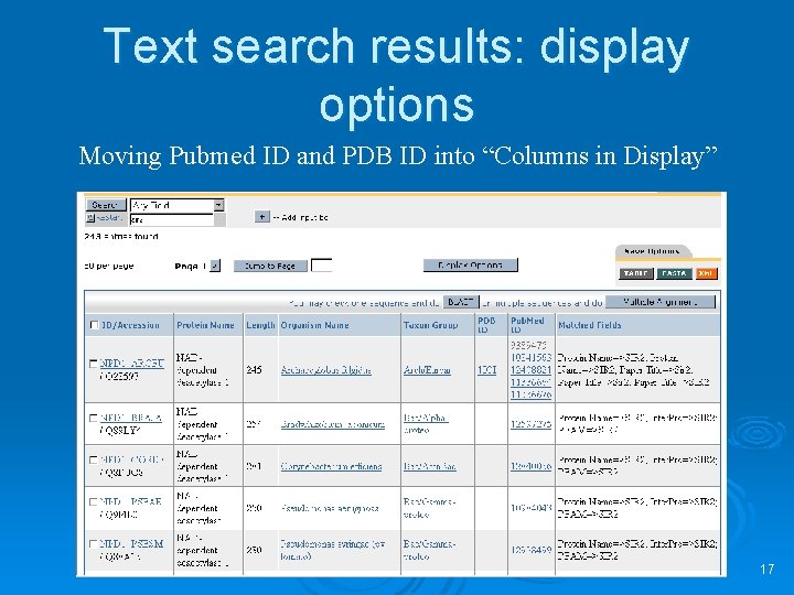 Text search results: display options Moving Pubmed ID and PDB ID into “Columns in