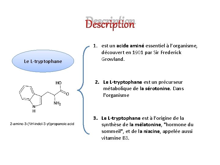 Description Le L-tryptophane 1. est un acide aminé essentiel à l’organisme, découvert en 1901