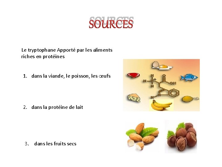 SOURCES Le tryptophane Apporté par les aliments riches en protéines 1. dans la viande,