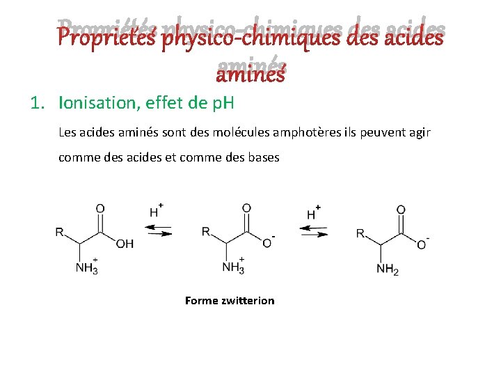 Propriétés physico-chimiques des acides aminés 1. Ionisation, effet de p. H Les acides aminés