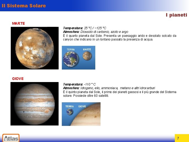 Il Sistema Solare I pianeti MARTE Temperatura: 25 °C / − 125 °C Atmosfera: