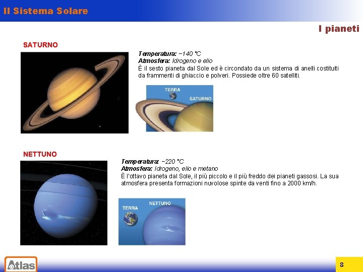 Il Sistema Solare I pianeti SATURNO Temperatura: − 140 °C Atmosfera: Idrogeno e elio