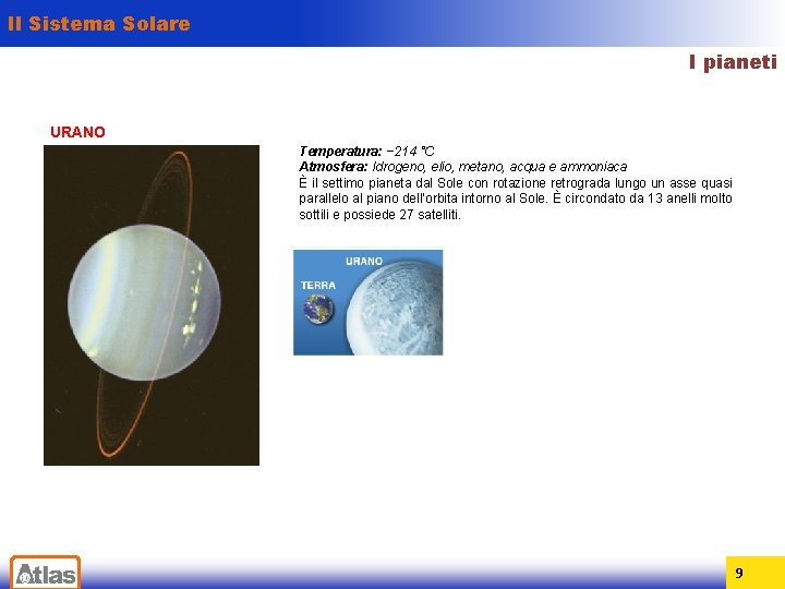 Il Sistema Solare I pianeti URANO Temperatura: − 214 °C Atmosfera: Idrogeno, elio, metano,