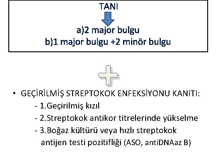 TANI a)2 major bulgu b)1 major bulgu +2 minör bulgu + • GEÇİRİLMİŞ STREPTOKOK