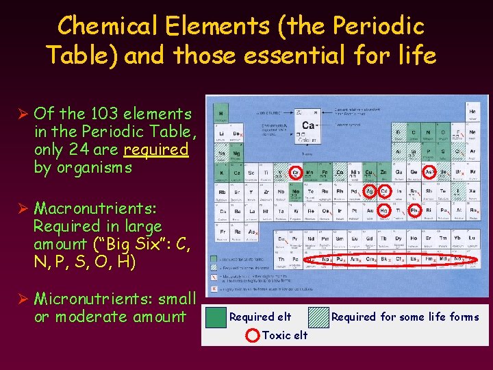 Chemical Elements (the Periodic Table) and those essential for life Ø Of the 103