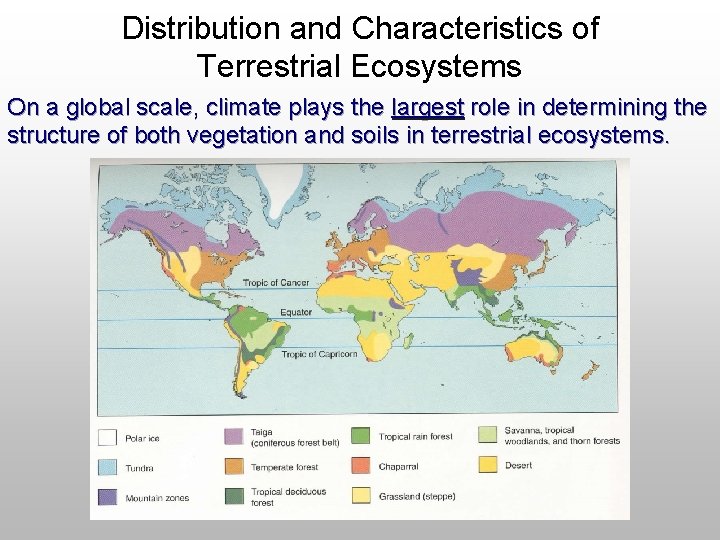 Distribution and Characteristics of Terrestrial Ecosystems On a global scale, climate plays the largest