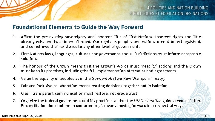 Foundational Elements to Guide the Way Forward 1. Affirm the pre-existing sovereignty and inherent