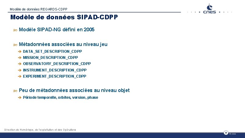 Modèle de données REGARDS-CDPP Modèle de données SIPAD-CDPP Modèle SIPAD-NG défini en 2005 Métadonnées