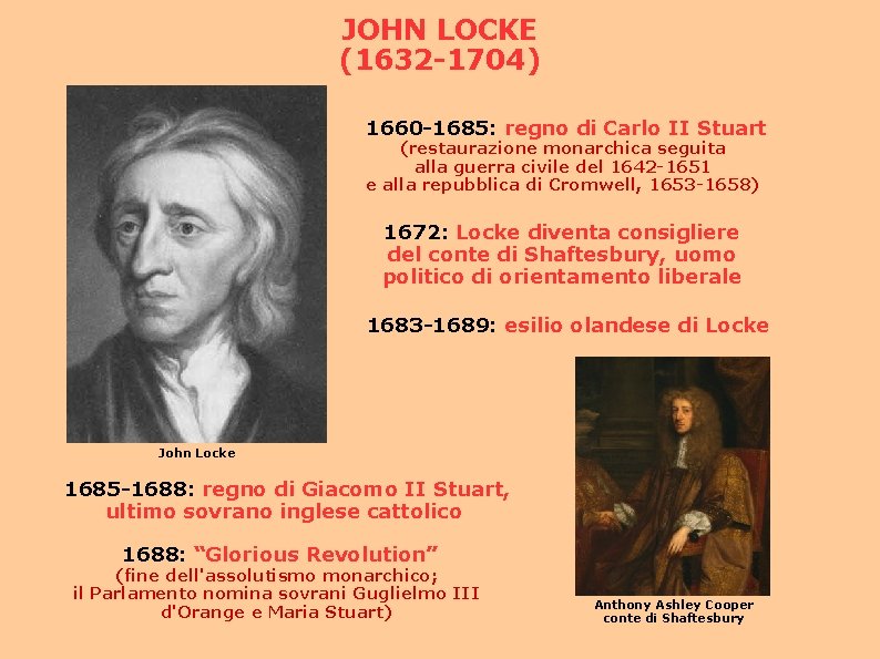 JOHN LOCKE (1632 -1704) 1660 -1685: regno di Carlo II Stuart (restaurazione monarchica seguita