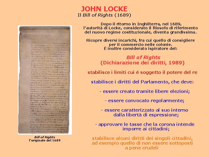 JOHN LOCKE Il Bill of Rights (1689) Dopo il ritorno in Inghilterra, nel 1689,