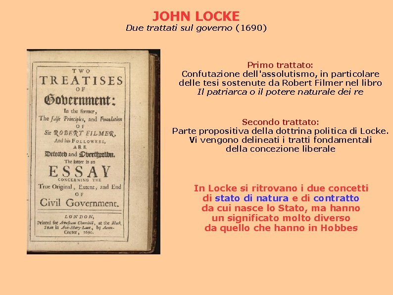 JOHN LOCKE Due trattati sul governo (1690) Primo trattato: Confutazione dell'assolutismo, in particolare delle