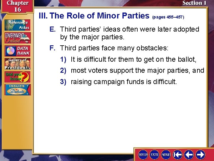 III. The Role of Minor Parties (pages 455– 457) E. Third parties’ ideas often