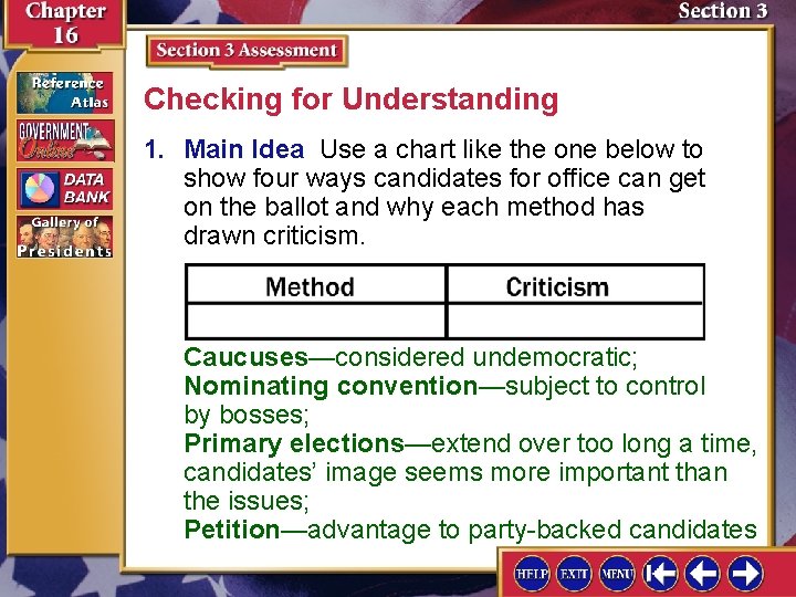 Checking for Understanding 1. Main Idea Use a chart like the one below to