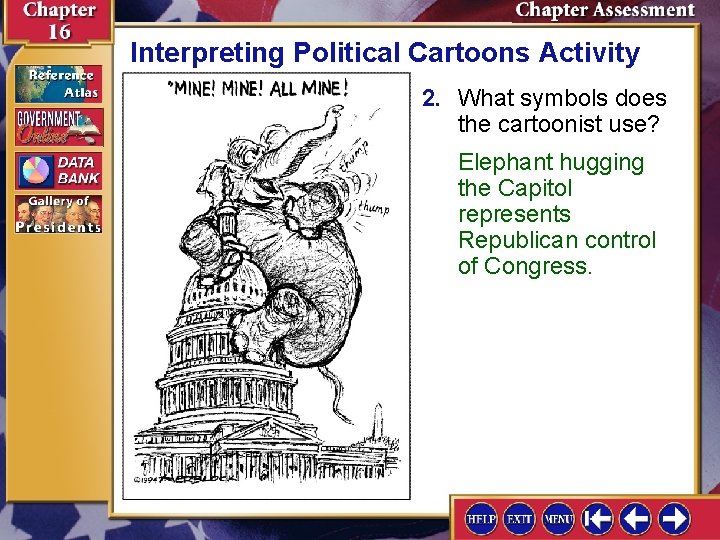 Interpreting Political Cartoons Activity 2. What symbols does the cartoonist use? Elephant hugging the