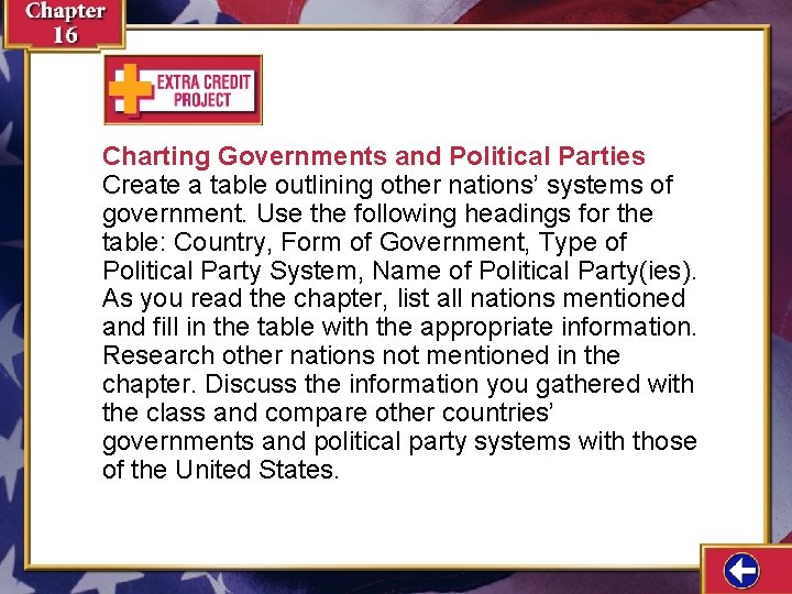 Charting Governments and Political Parties Create a table outlining other nations’ systems of government.