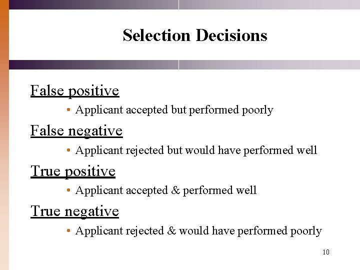 Selection Decisions False positive • Applicant accepted but performed poorly False negative • Applicant Selection Decisions False positive • Applicant accepted but performed poorly False negative • Applicant