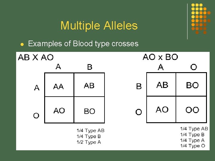 Multiple Alleles l Examples of Blood type crosses 