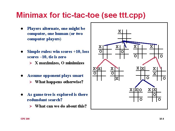 Minimax for tic-tac-toe (see ttt. cpp) l l Players alternate, one might be computer,