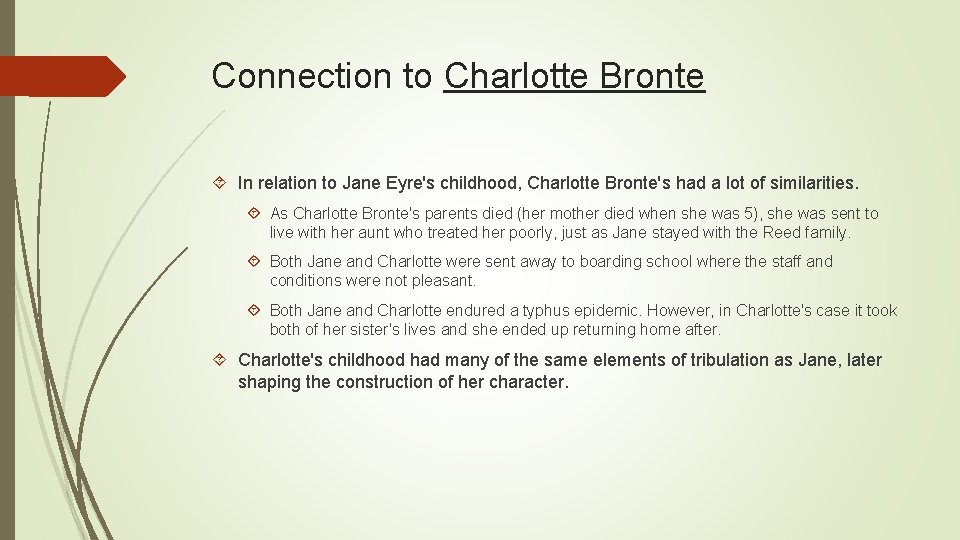 Connection to Charlotte Bronte In relation to Jane Eyre's childhood, Charlotte Bronte's had a