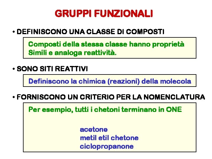 GRUPPI FUNZIONALI • DEFINISCONO UNA CLASSE DI COMPOSTI Composti della stessa classe hanno proprietà