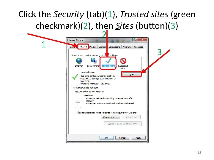 Click the Security (tab)(1), Trusted sites (green checkmark)(2), then Sites (button)(3) 2 1 3