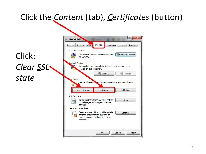 Click the Content (tab), Certificates (button) Click: Clear SSL state 14 